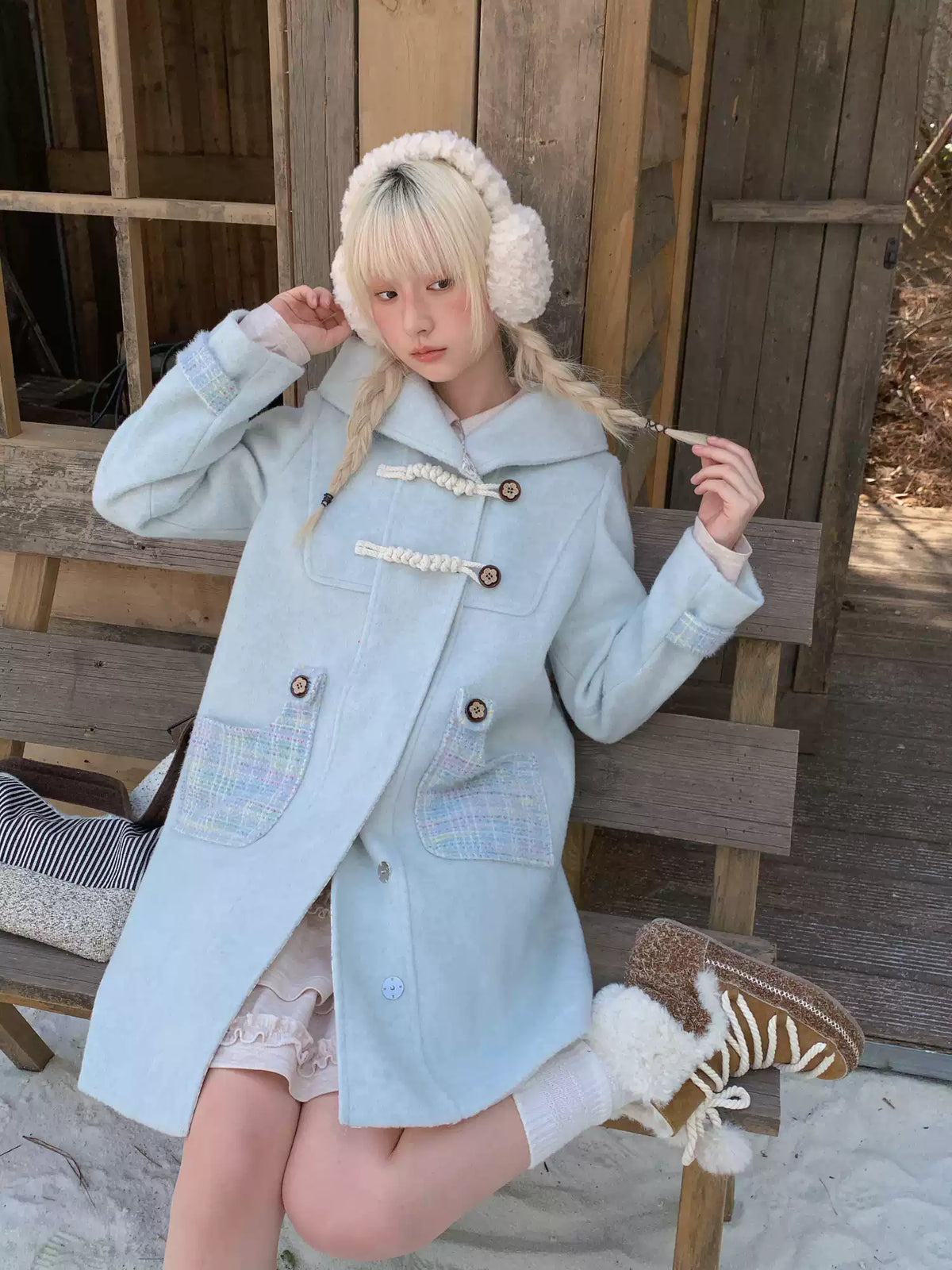 RF - Light Blue Plaid Mid-Length Wool-Blend Coat with Toggle Closures