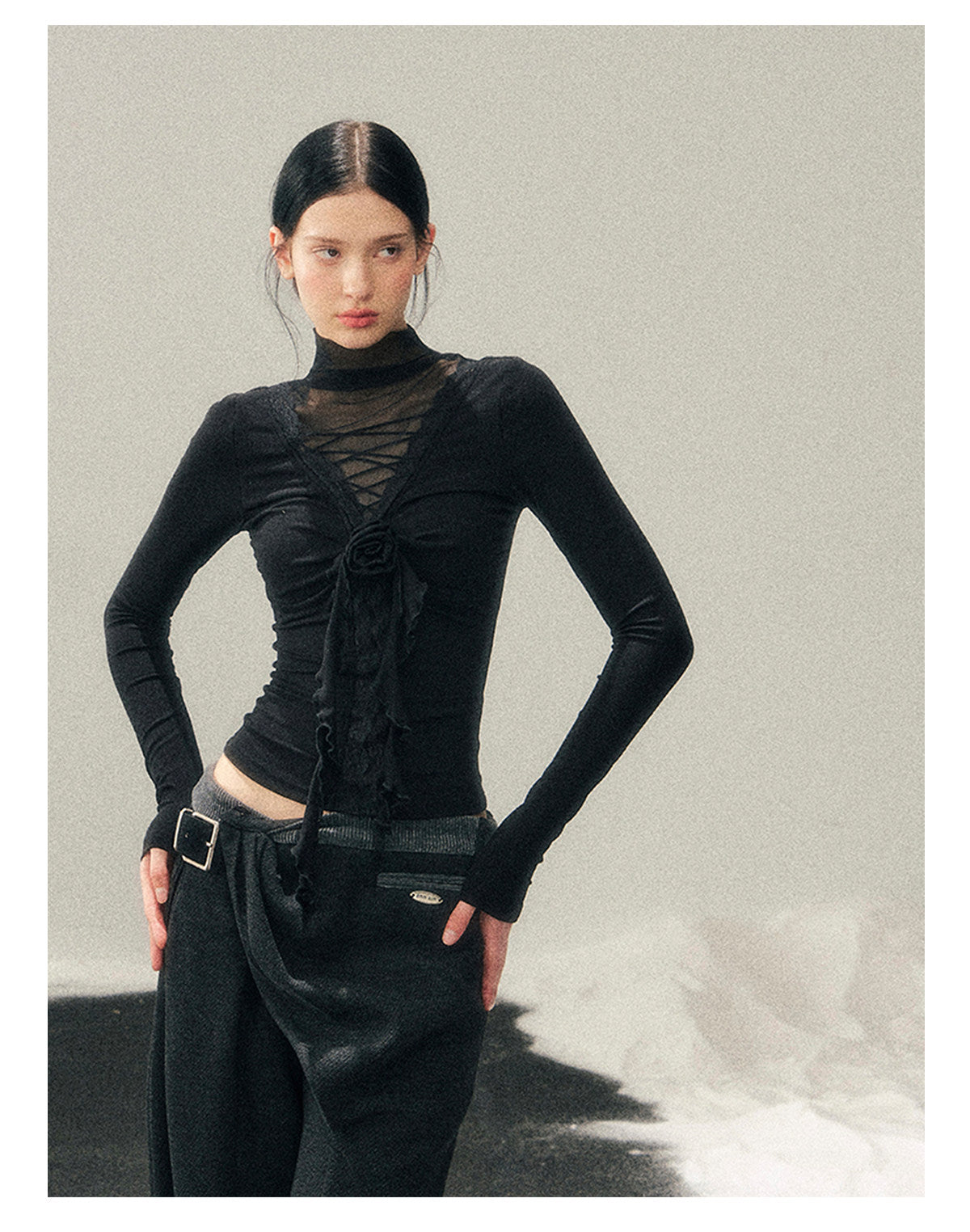 少也眼 “Vanishing Curve” Sheer Lace Turtleneck Base Top - Black