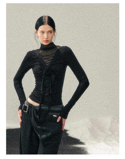 少也眼 “Vanishing Curve” Sheer Lace Turtleneck Base Top - Black