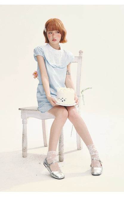 "Sea Salt Fizz" Baby Blue Cutout Embroidered Peter Pan Collar Puff Sleeve A-Line Dress