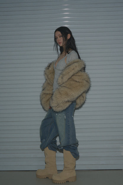 Muirgen - Y2K Tipped Faux Camel Hair Shawl Cropped Jacket