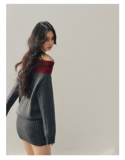 少也眼 "Snowbound Memories" Off-Shoulder Color-Block Knit Mini Dress