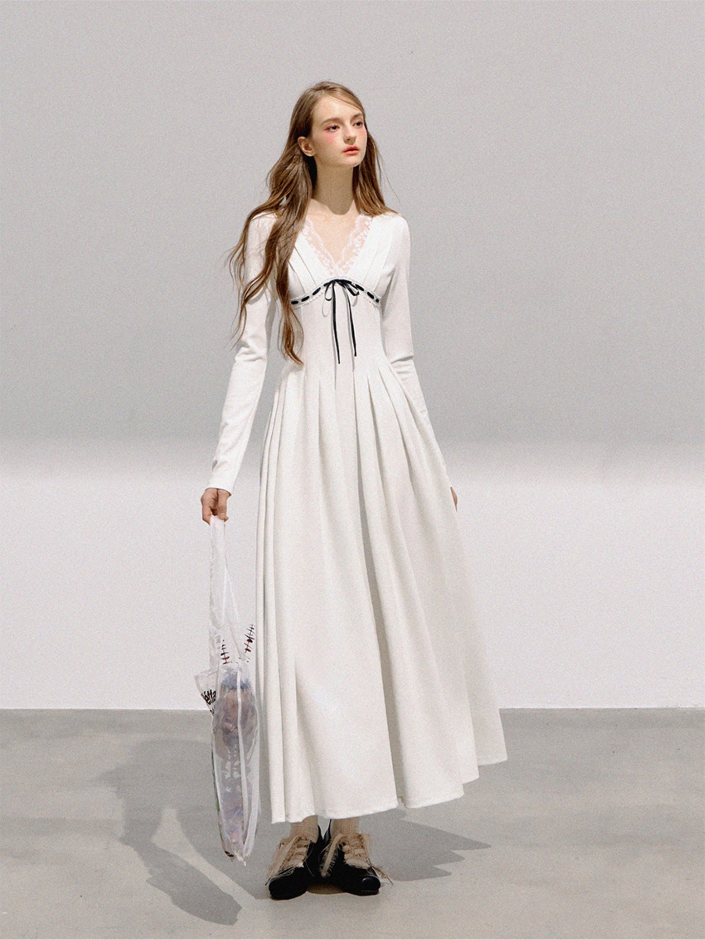 BOHOL BLING - French Romantic V-Neck Lace Trim Pleated Maxi Dress