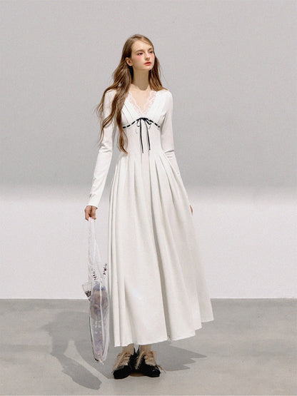 BOHOL BLING - French Romantic V-Neck Lace Trim Pleated Maxi Dress