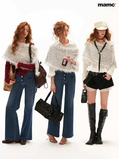 MAMC - Textured Two-Way Knit Scarf & Shawl with Long-Hair Fringe (Black / White)