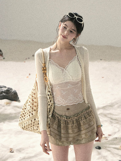 "Translucent Skin" Cream Apricot Lace Camisole Top 455335