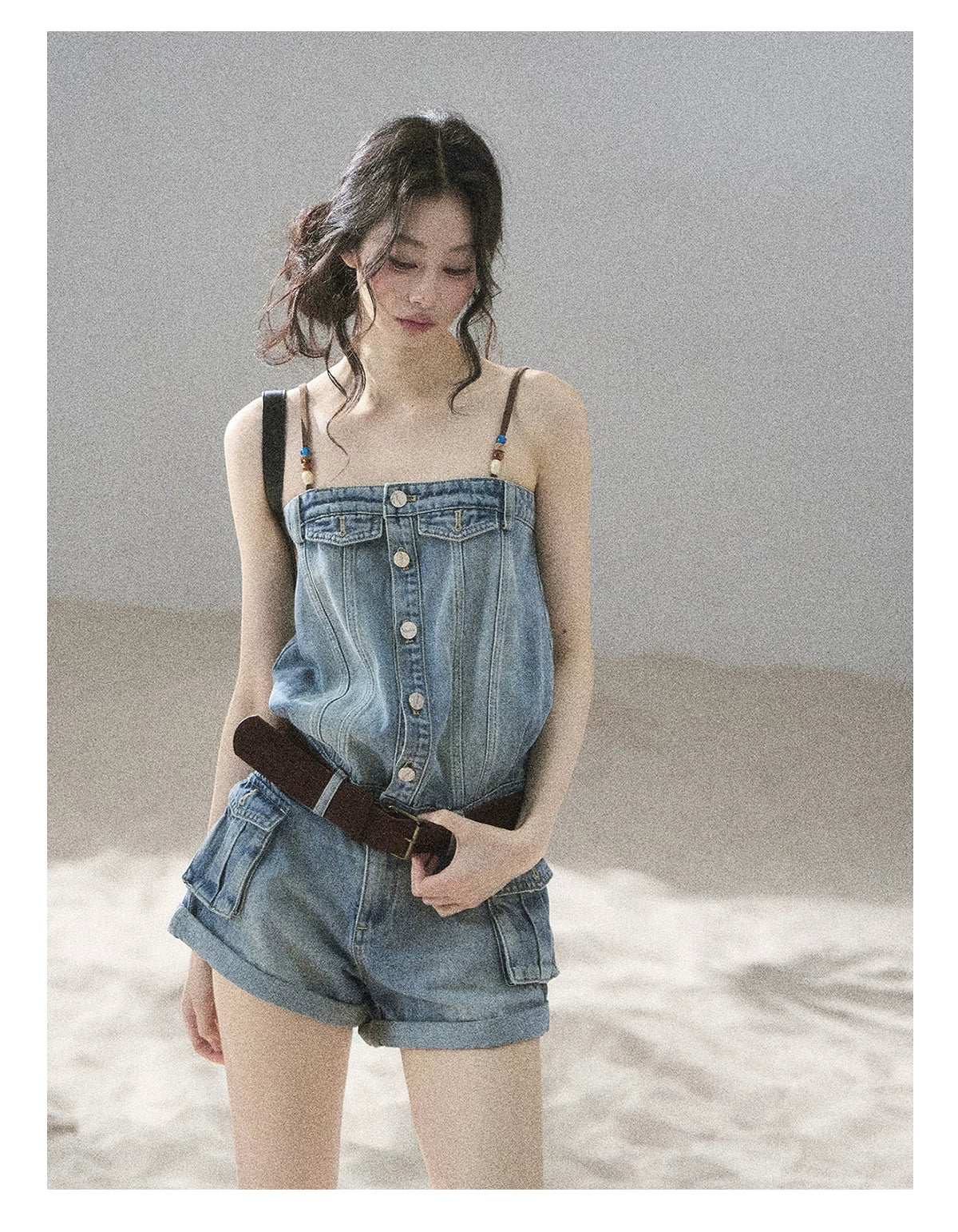 "A Walk by the Sea" Collegiate Blue Denim Utility Romper (With Belt)