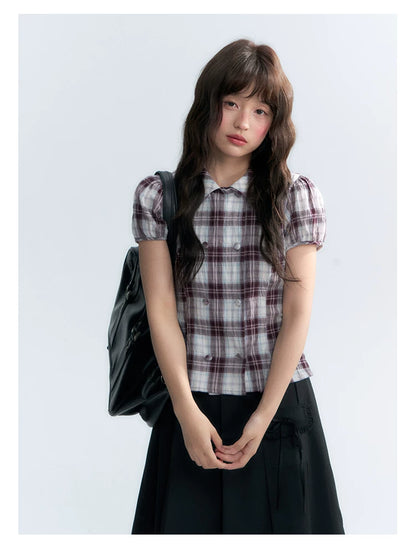 "Violet Mist Bow" Purple Brown Plaid Blouse