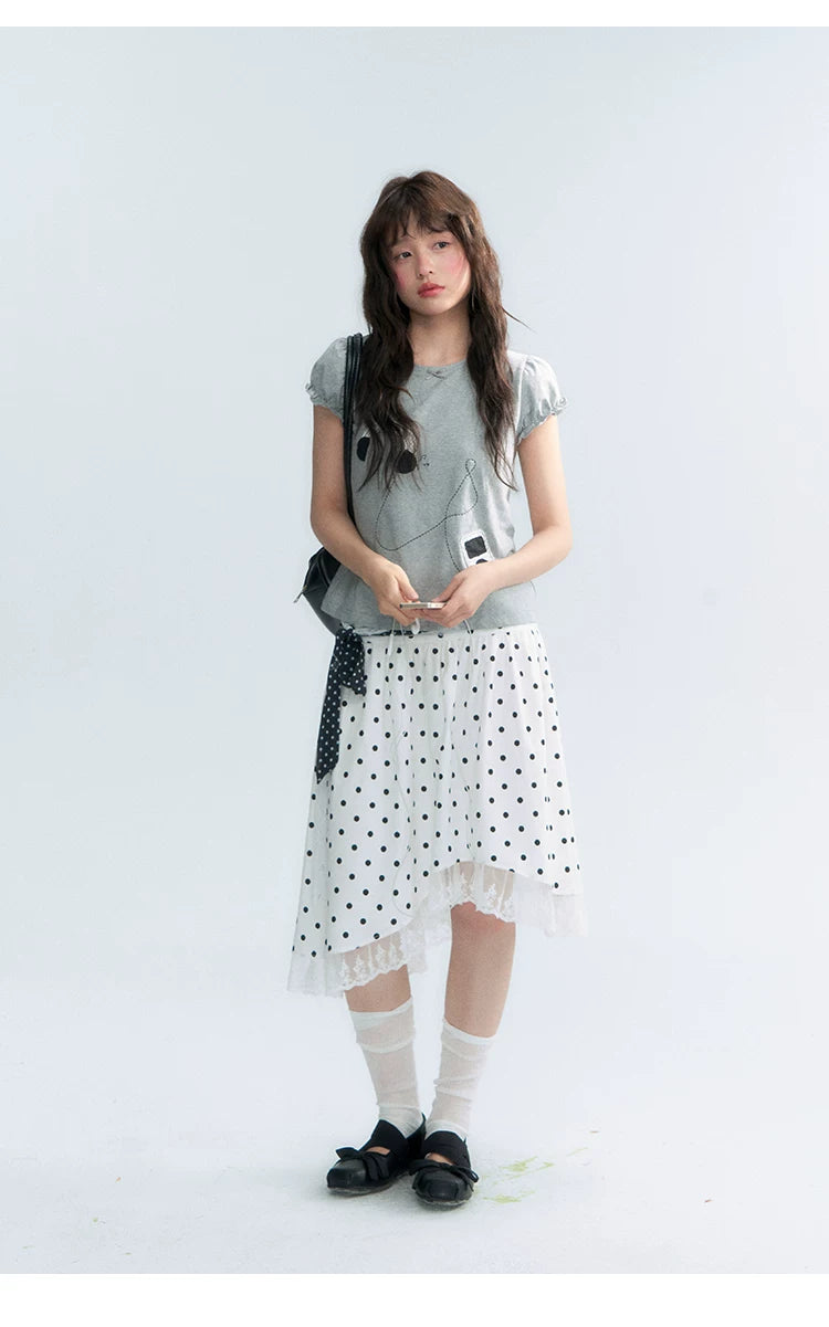 "Polka Poetry" Black & White Polka Dot Asymmetrical Cotton Skirt