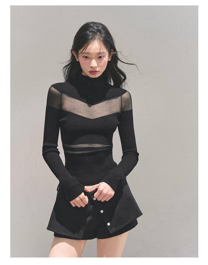 少也眼 “Whisper of Nightfall” Sheer-Panel Mock-Neck Knit Tee - Black 11.18-4