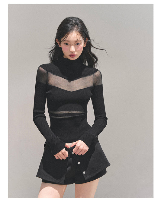 少也眼 “Whisper of Nightfall” Sheer-Panel Mock-Neck Knit Tee - Black 11.18-4