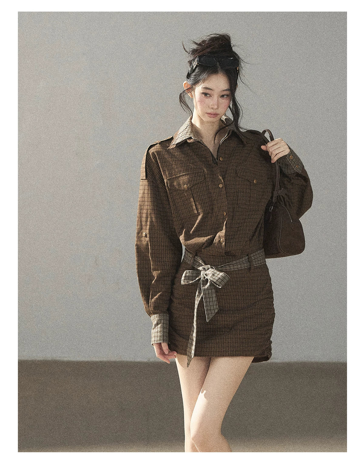 AOMALM - "A Promise Beneath the Oak" Crabapple Brown Plaid Shirt Dress with Belt