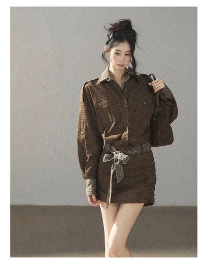 AOMALM - "A Promise Beneath the Oak" Crabapple Brown Plaid Shirt Dress with Belt