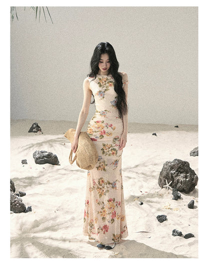 "Waiting for Blossoms" Dutch Cream Floral Mermaid Maxi Dress 43236