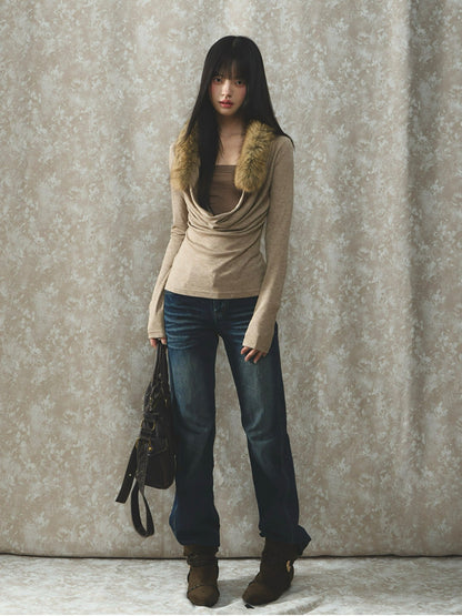 Soote Season - Oatmeal Faux Two-Piece Draped Fur-Collar Knit Base Top