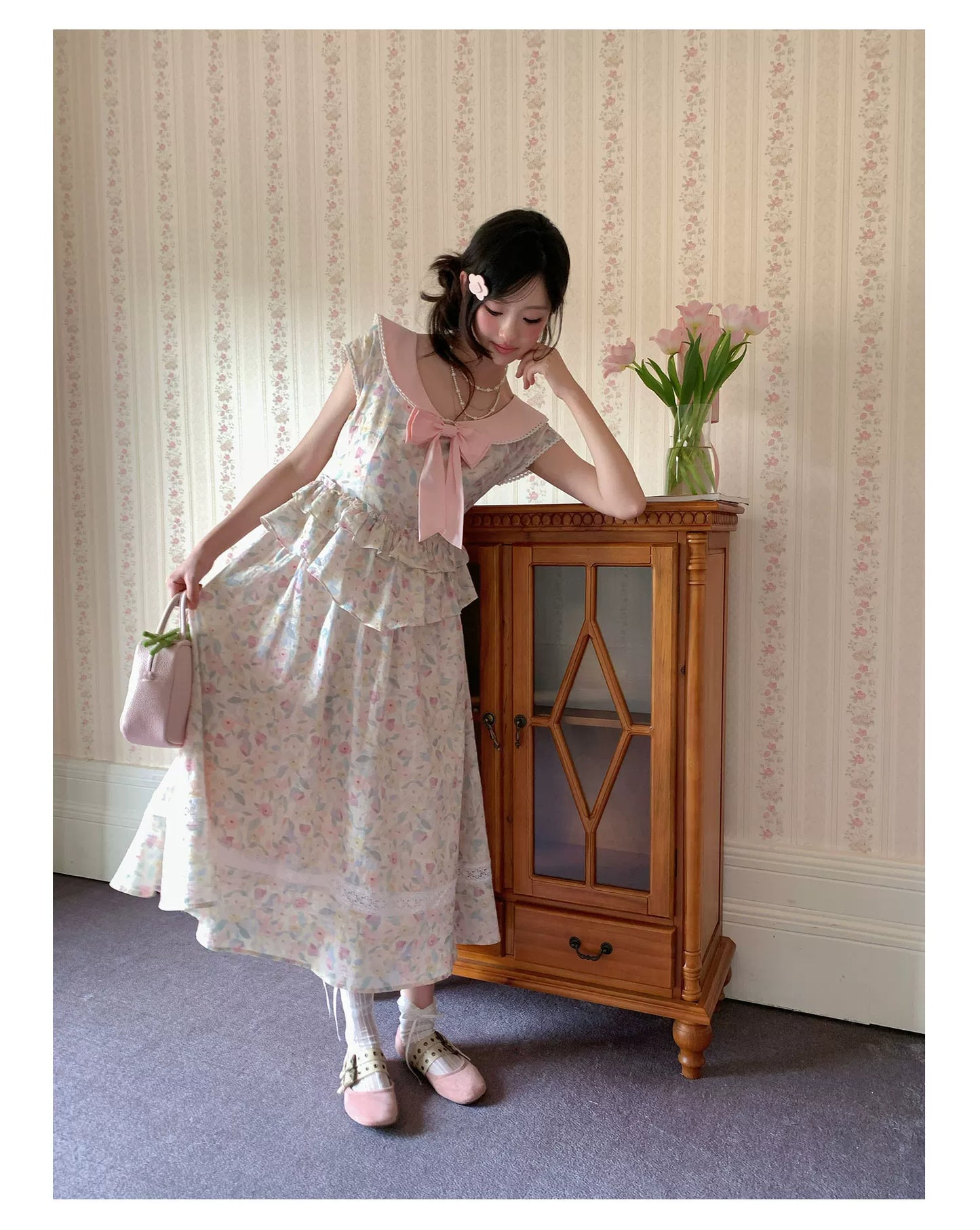 “Peach Blossom Ballad” Pink Floral Lace Maxi Dress
