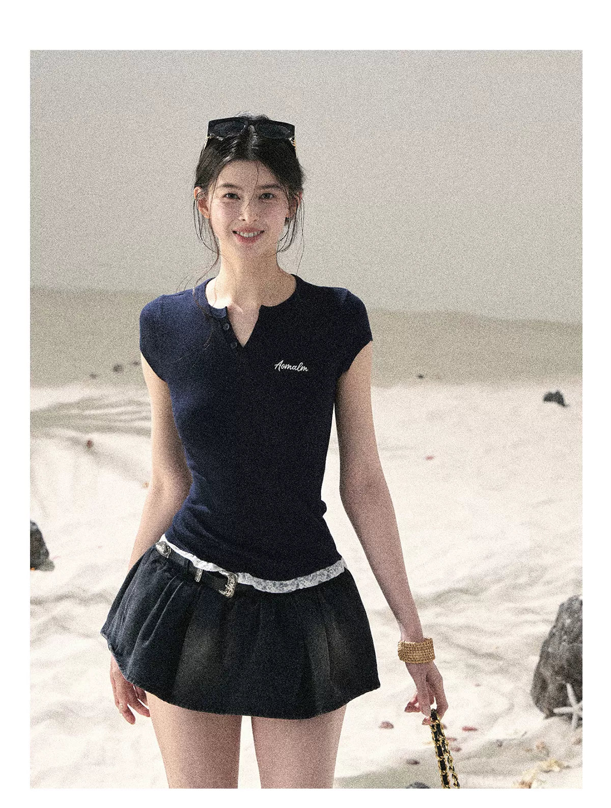 "Letter from the Tides" Navy Blue Faux Two-Piece Lace Waist-Fit Crop Top 452436