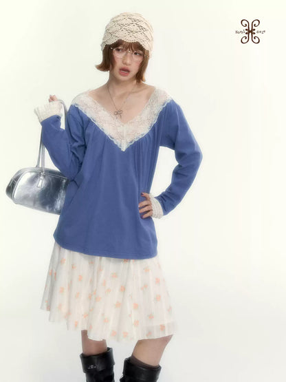 Classic Blue Lace V-Neck Long-Sleeve Top
