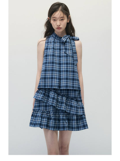 Blue Plaid Sleeveless Tiered Midi Dress with Ruffle Trim