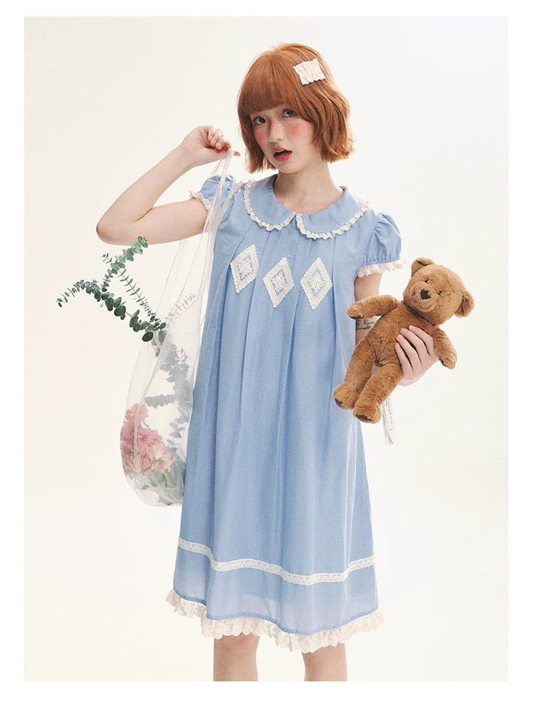 "Sweet Tea Doll" Haze Blue Lace Puff Sleeve Peter Pan Collar A-Line Dress