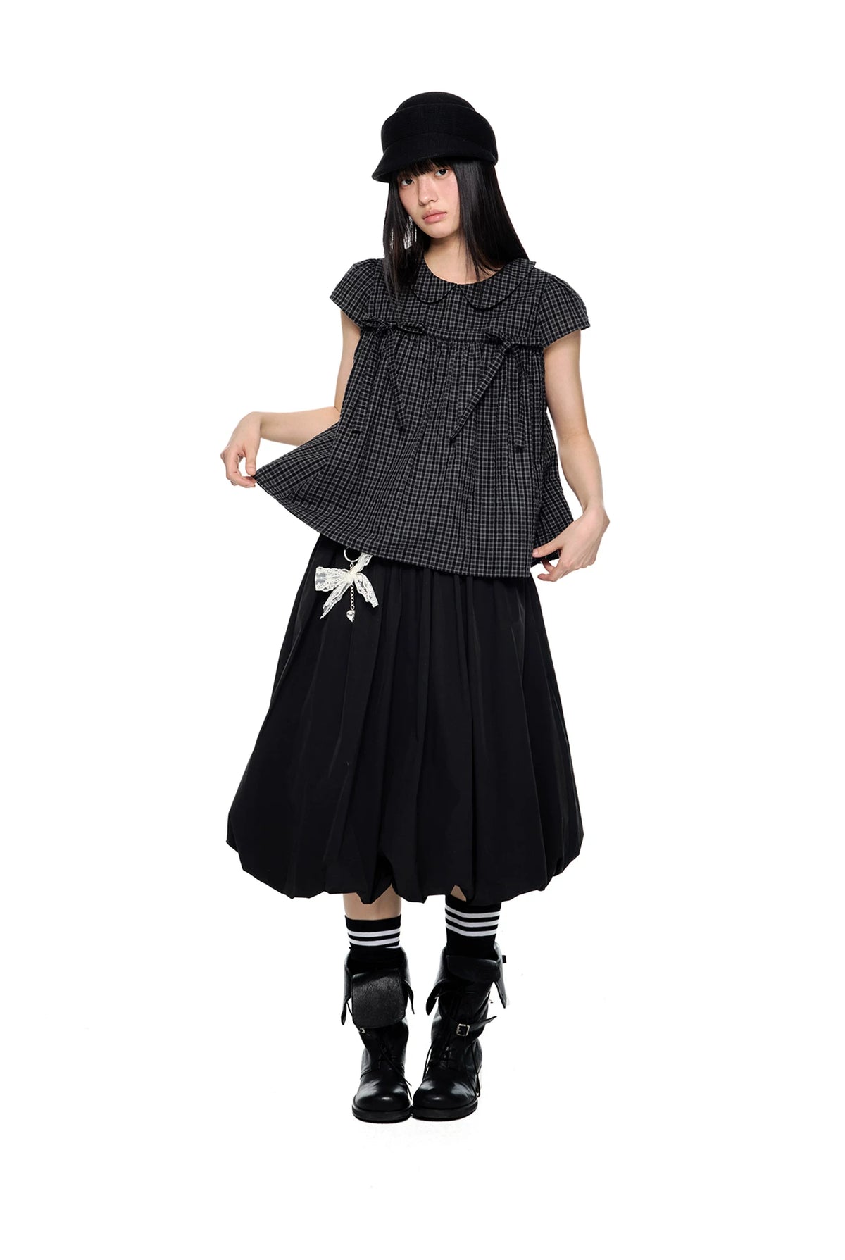 EZEK | Peter Pan Collar Gingham Shirt with Bubble Sleeves
