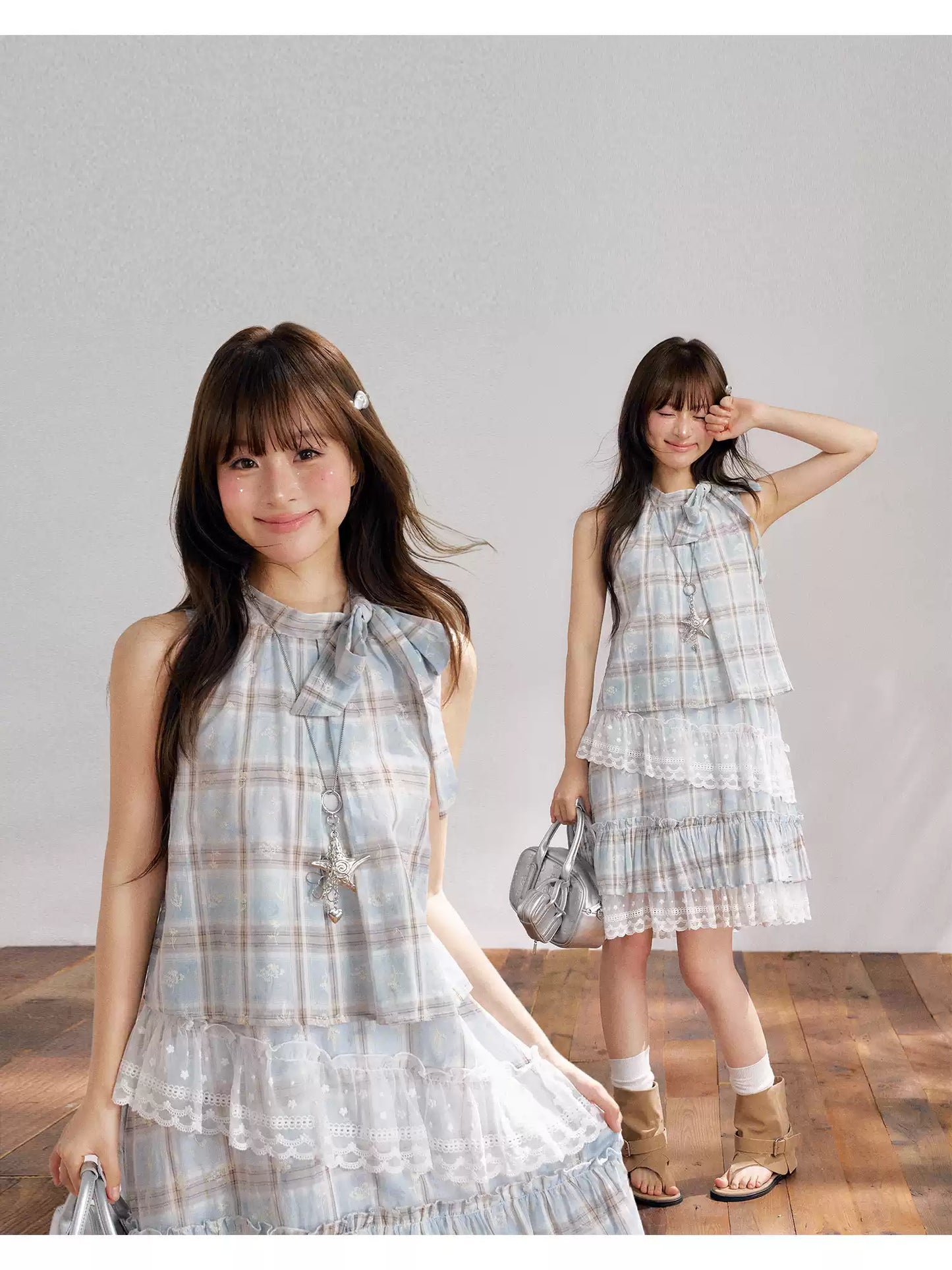 “Berry Fairytale Sonata” Misty Blue Ribbon Neck Lace Dress