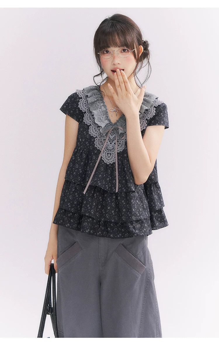 “Midnight Petal” Gray-Black Floral Top & Tiered Dress