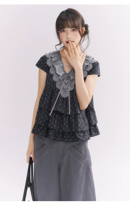 “Midnight Petal” Gray-Black Floral Top & Tiered Dress