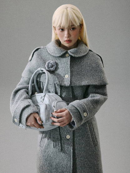 “Intellectual Cape Silhouette” Long Wool Blend Minimal Coat - Gray 8007
