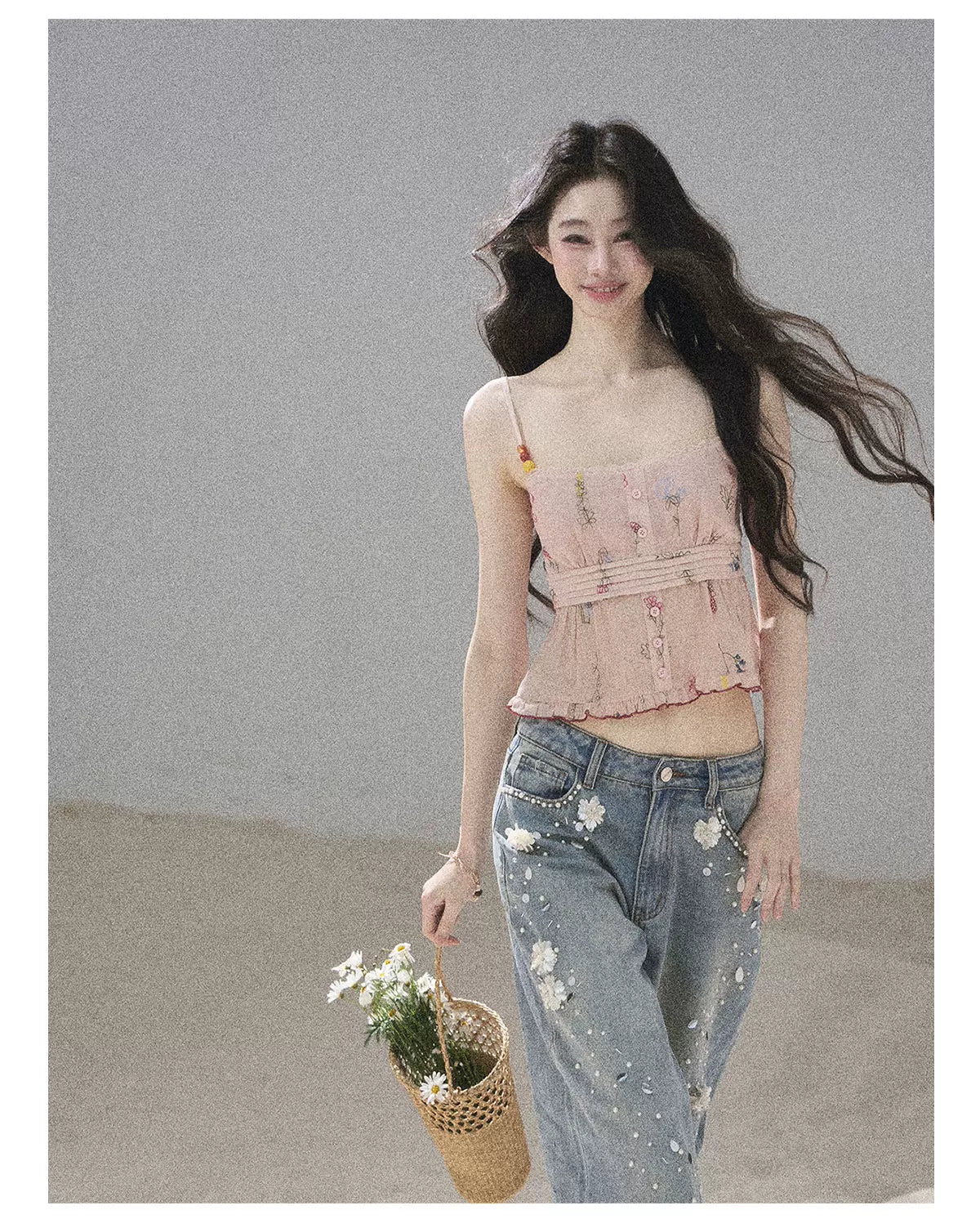 "Starlit Grace" Mist Blue Handmade Floral Wide-Leg Jeans