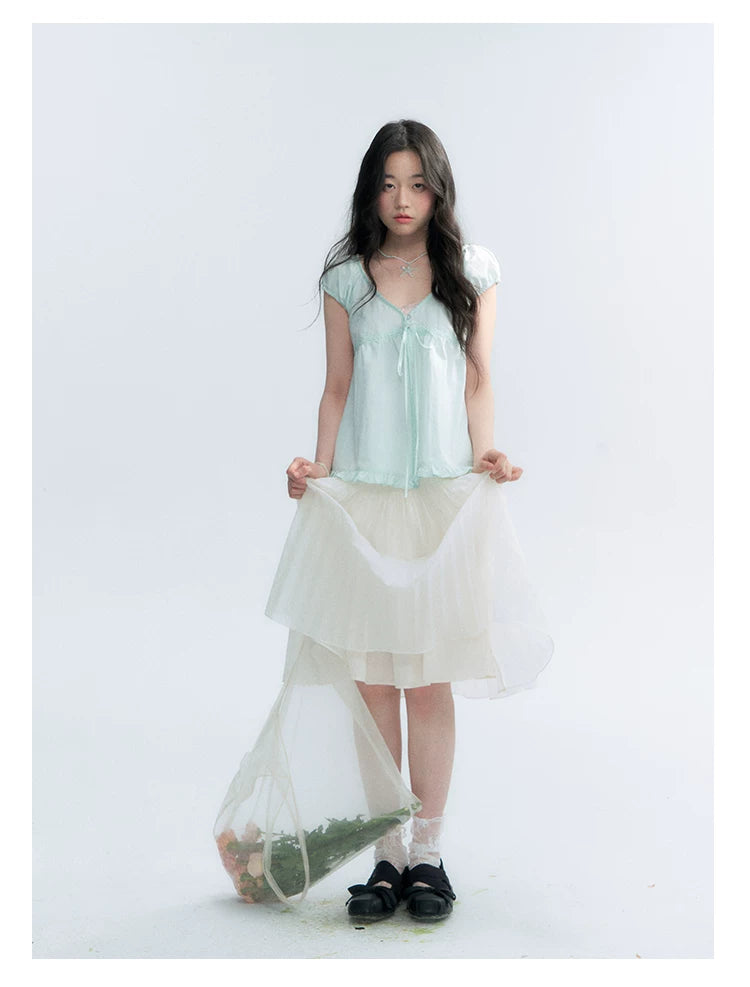 "Light Steps" Oat Apricot Pleated Lace Midi Skirt
