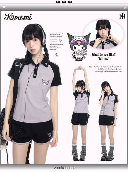170726K "Midnight Track" Black & Purple Polo Athletic Set (Polo Athletic Top + Athletic Shorts)