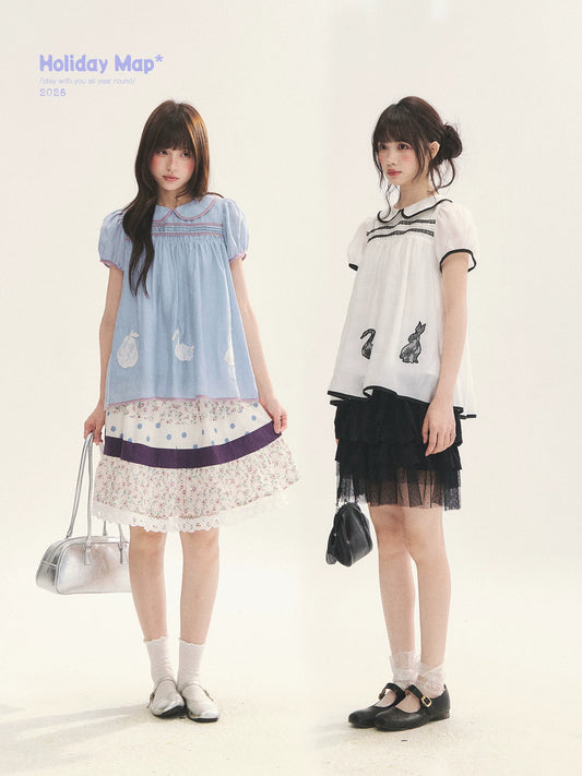"Antique Dollhouse" Lace Appliqué Peter Pan Collar Puff Sleeve Blouse (Ivory White/ Still Blue)