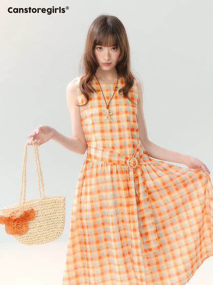 "Orange Sugar Cube" Tangerine Plaid Tie-Waist Sleeveless Dress SH2026201