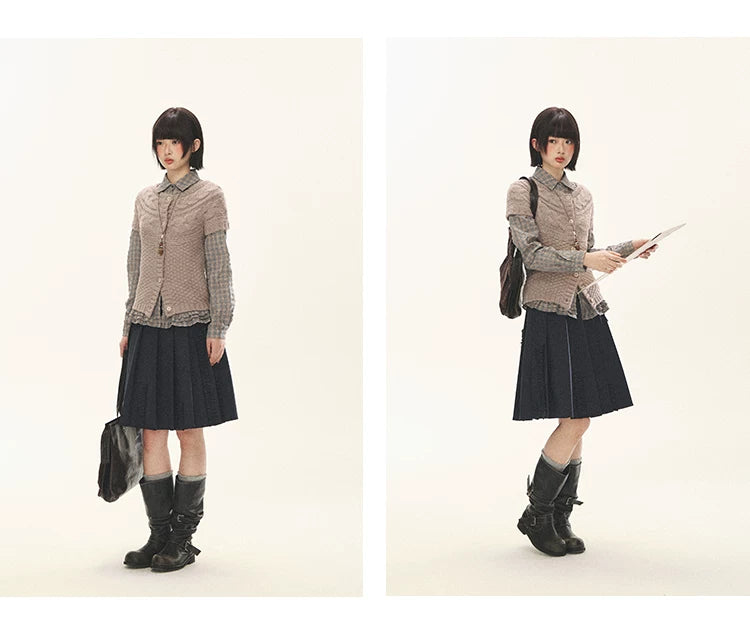 "Rice Knit" Wool-Blend Short Sleeve Knit Cardigan (Moss Coffee Green/ Dusk Dusty Pink)