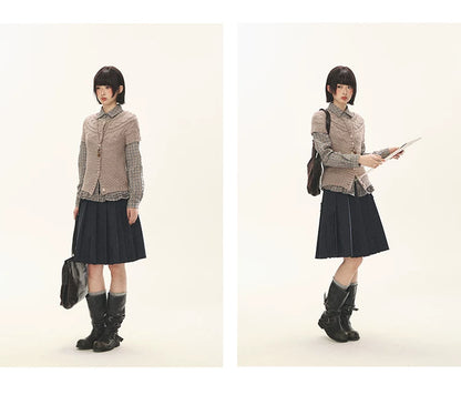 "Rice Knit" Wool-Blend Short Sleeve Knit Cardigan (Moss Coffee Green/ Dusk Dusty Pink)