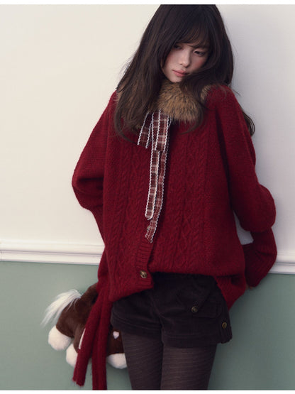 Soote Season - "Vintage Holiday Bow" Burgundy Batwing Faux-Fur Collar Cable-Knit Cardigan