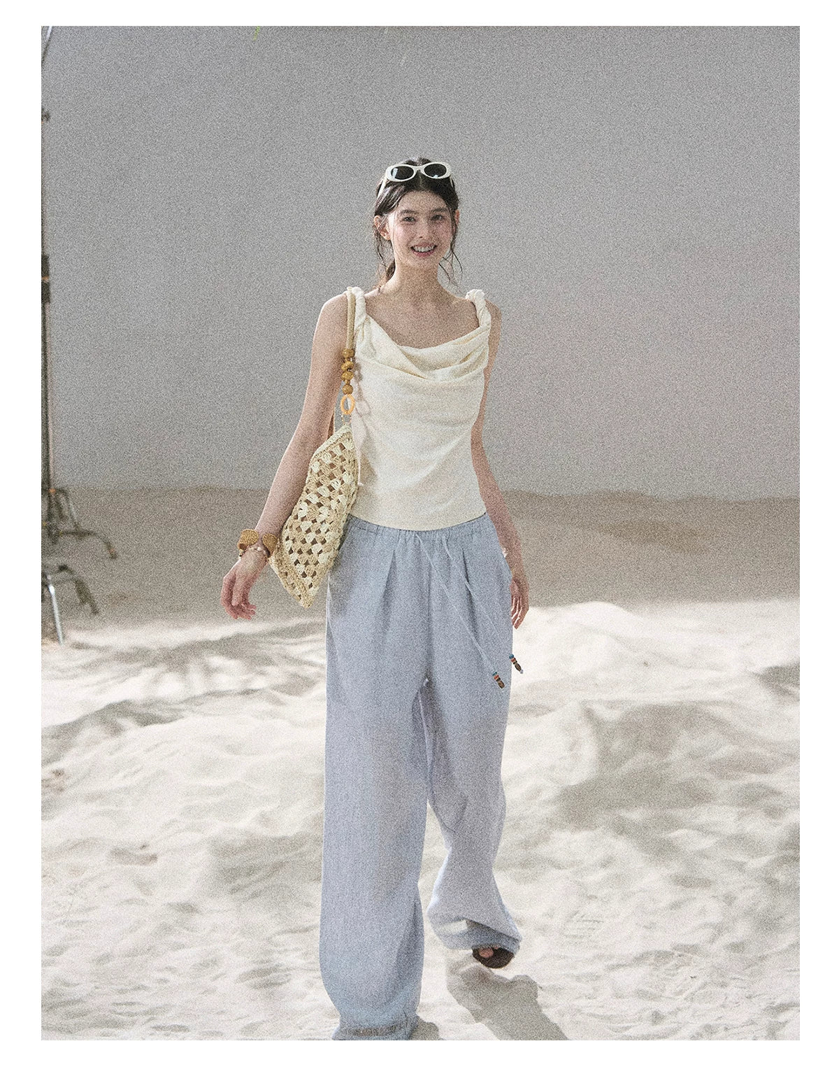 "Follow the Sea Breeze" Lightweight Straight-Leg Wide-Leg Pants (Lotus Pink/ Gray Sage Green/ Gray Blue)