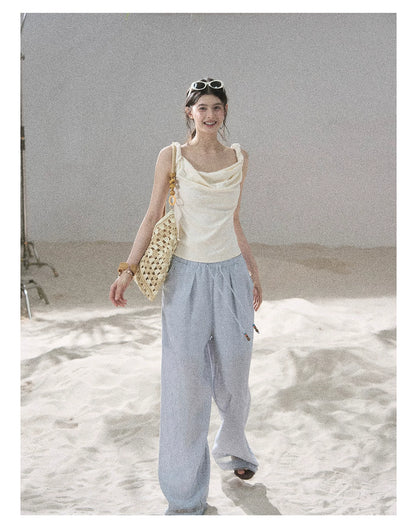 "Follow the Sea Breeze" Lightweight Straight-Leg Wide-Leg Pants (Lotus Pink/ Gray Sage Green/ Gray Blue)