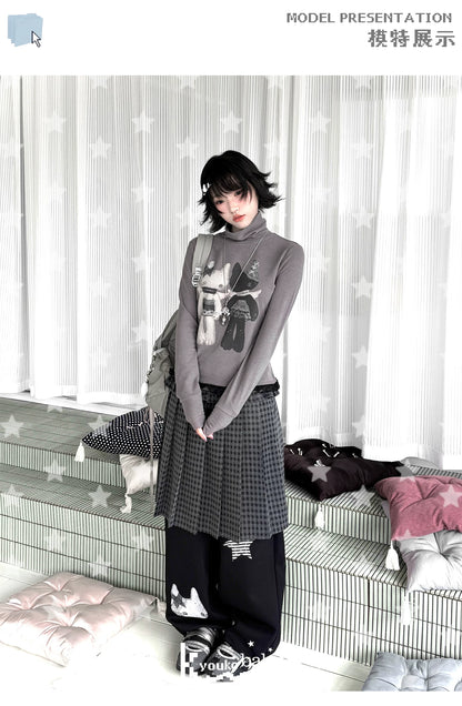 "Forgotten Corner" Mock Neck Gray Base Layer Top & Black Gray Plaid Skirt Set
