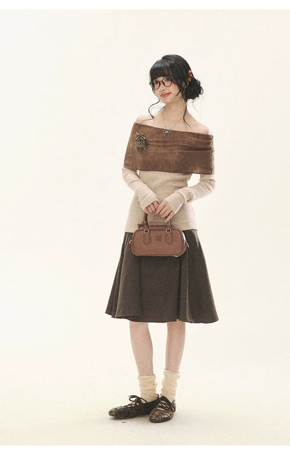"Vintage Contrast" Brown Apricot Off-Shoulder Floral Knit Top