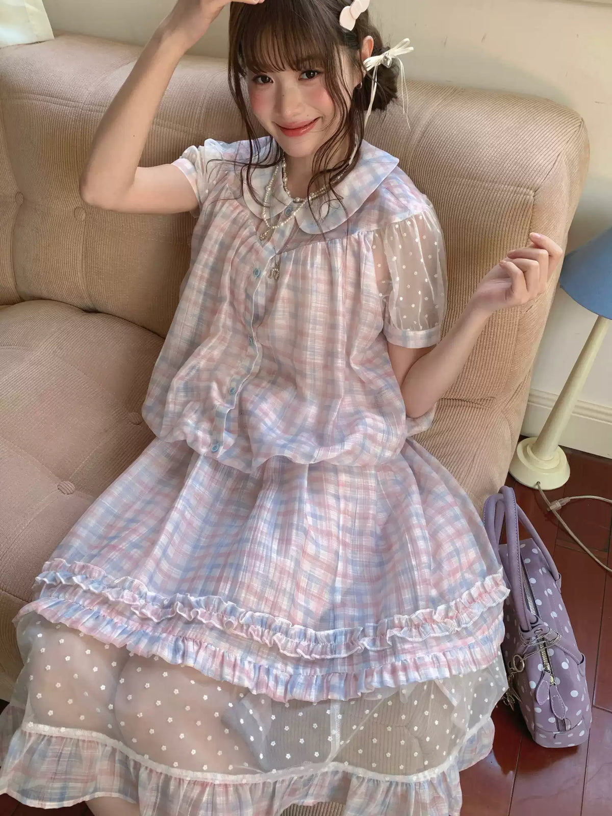 [RF] “Rainbow Cotton Candy” Blue & Pink Plaid Two-Piece Set