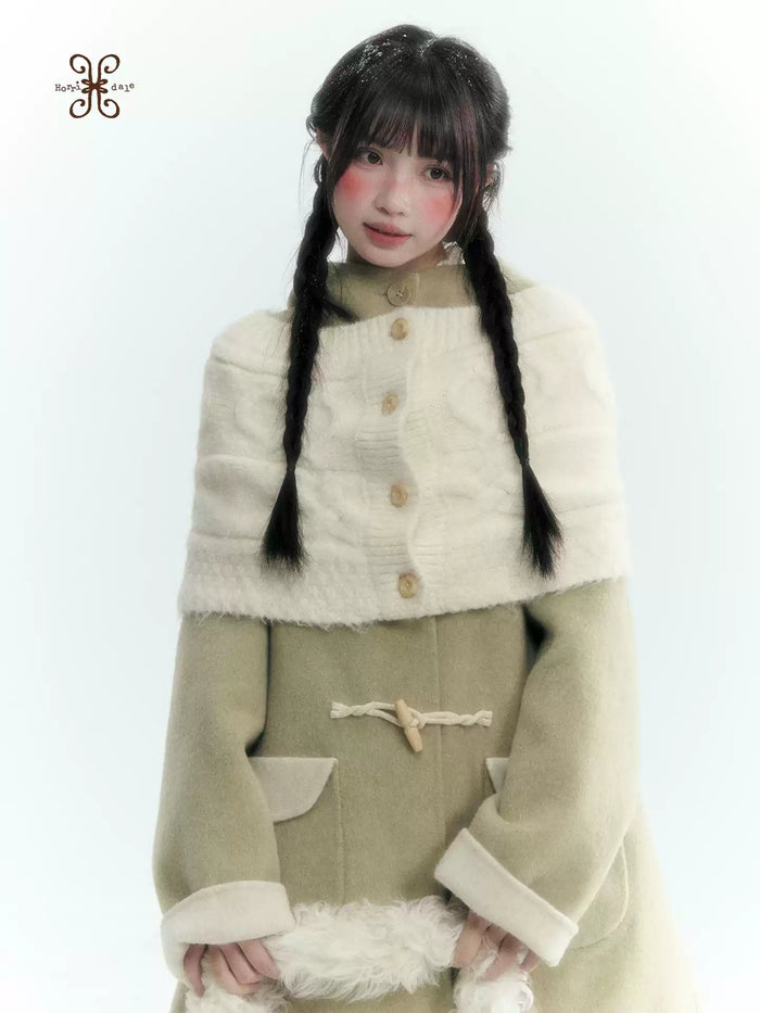 Horridale - Ivory White Cable Knit Flower Button Shawl