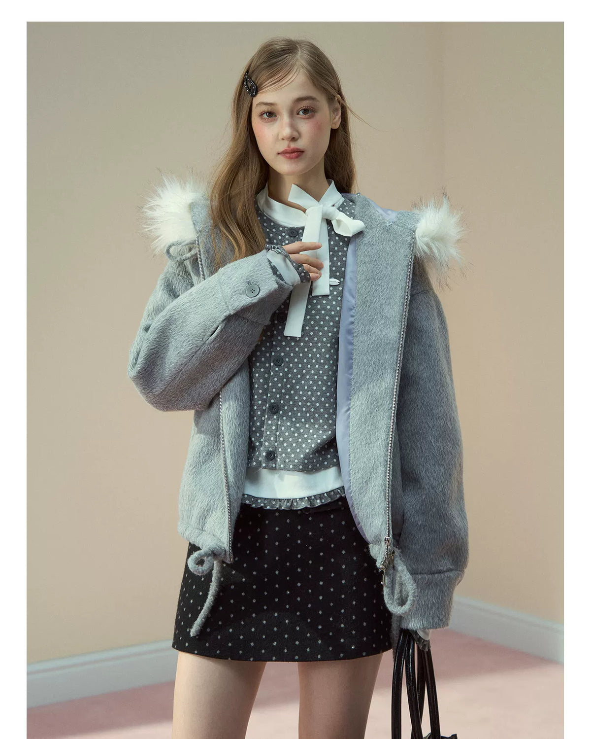 SunsetPark - "Warm Winter Days" Faux Fur Collar Wool-Blend Top Coat (Gray / Pink)