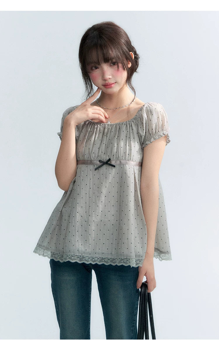 "Polka Dot Constellation" Gray Polka Dot Square Neck Puff Sleeve Top