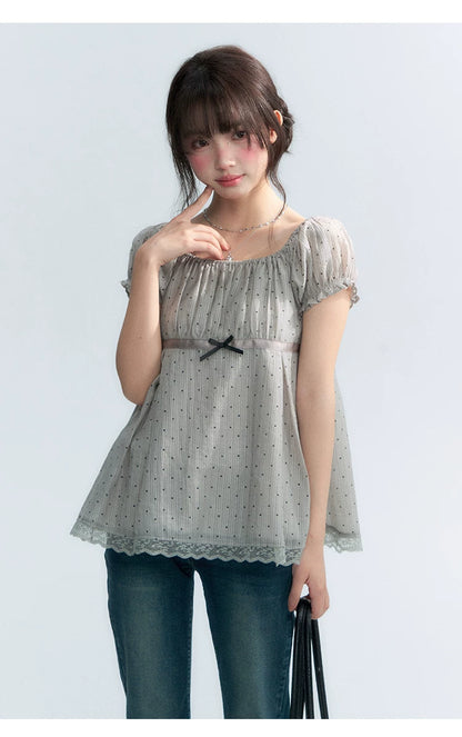 "Polka Dot Constellation" Gray Polka Dot Square Neck Puff Sleeve Top