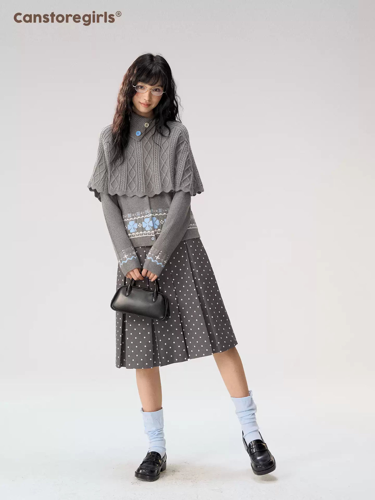[CAN] “Misty Dot” Gray Polka Dot Pleated A-Line Midi Skirt