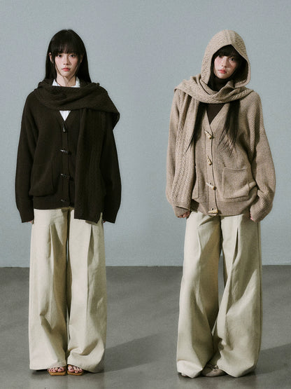 LOST FOREST - Deep Brown Wool-Blend Hooded Scarf Cardigan Set