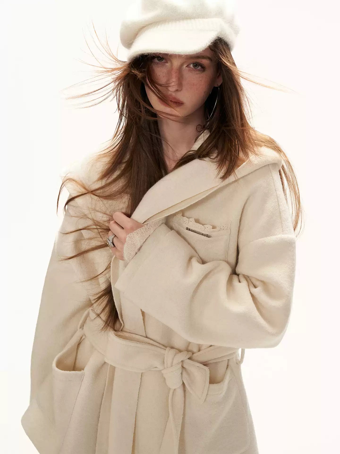 MAMC - White Double-Hood Wool Blend Tie Coat WE896