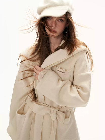 MAMC - White Double-Hood Wool Blend Tie Coat WE896